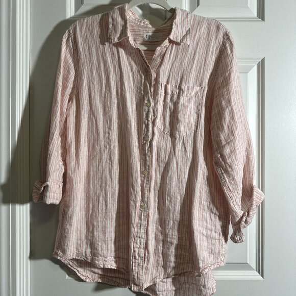 Gap Seersucker LS, Light Pink/White Stripes, Size M - Picture 3 of 7